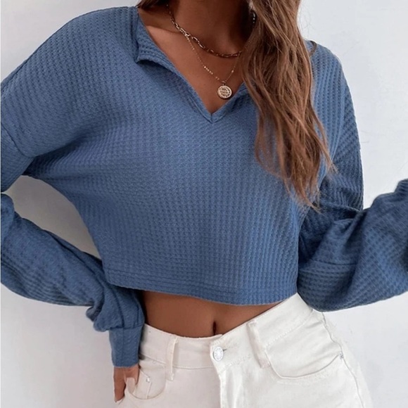 SHEIN Tops - NWOT SHEIN Blue Waffle Knit Cropped Long Sleeve Top Women’s Size Medium